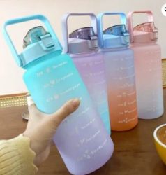 Large 2L Capacity Water Bottle With Bounce Cover Time Scale Reminder Frosted Cup With Cute Stickers For Outdoor Sports Fitness