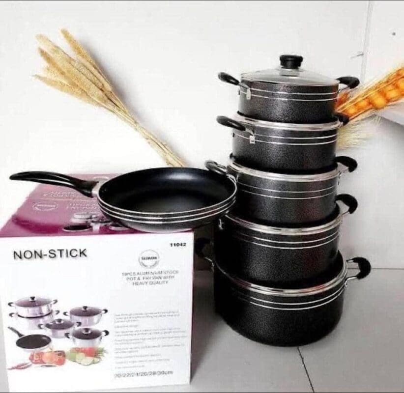 Nonstick Cookware Set Material: Alloy of aluminum and iron Set Contains: Non-Stick Cooking Utensil Set Double non-stick  coating Colour: Black