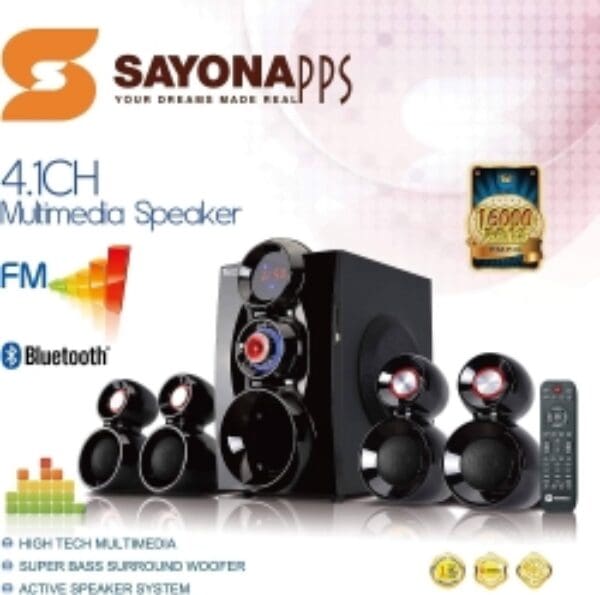 Sayona 4.1CH Multimedia Speaker with Subwoofer USB SD FM LED Remote, Rich Bold Sound, 16000 Watts Peak Power, Strong Bass, SHT-1148BT