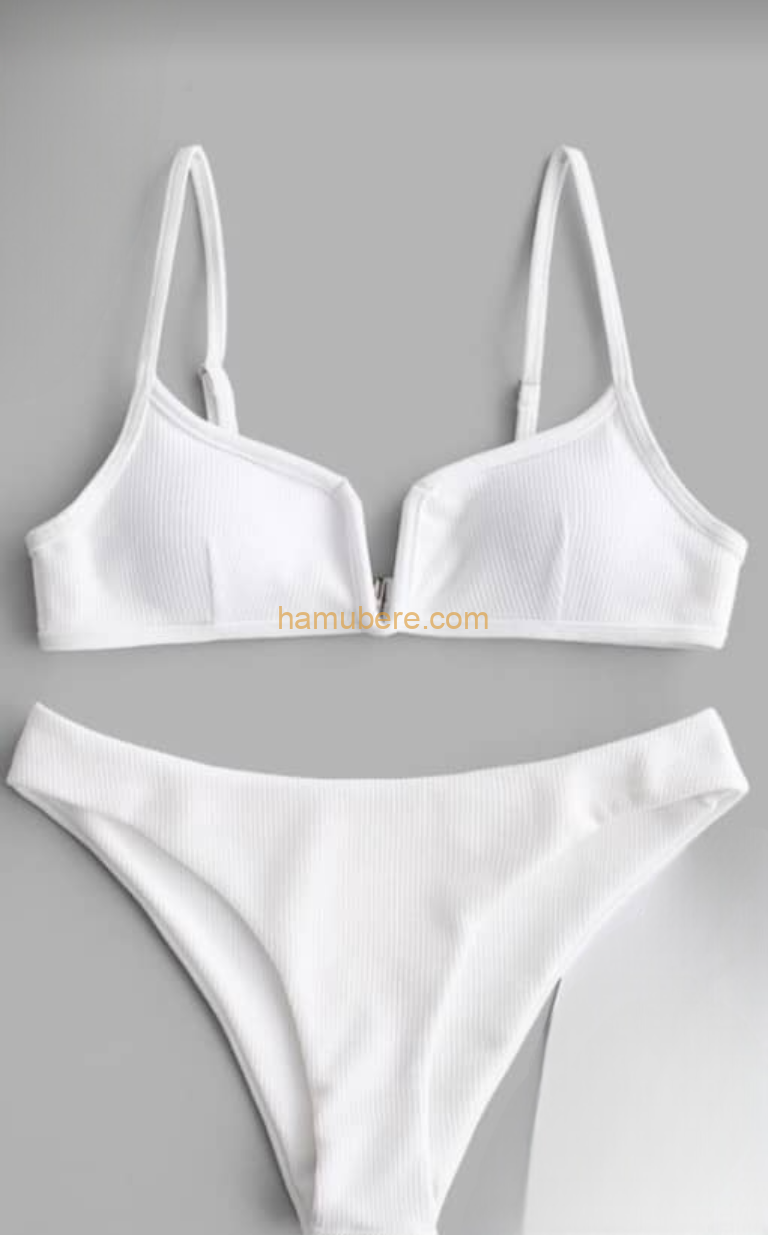 Fashion Women’s Sexy Solid Color Backless Rippled Temperament Beachwear Split Bikini Swimsuit