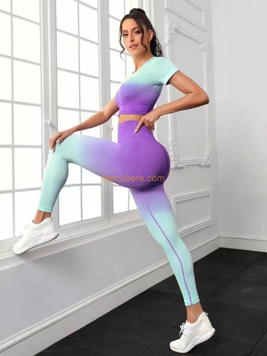 2pcs Ombre Yoga Gym Set Raglan Sleeve Cropped Tee & Tummy Control Leggings