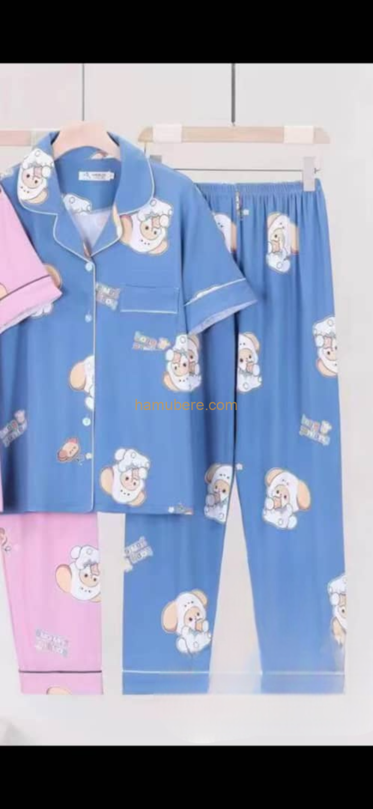 Thin Cotton Summer Short Sleeve Pajama Set Blue Bear-Male