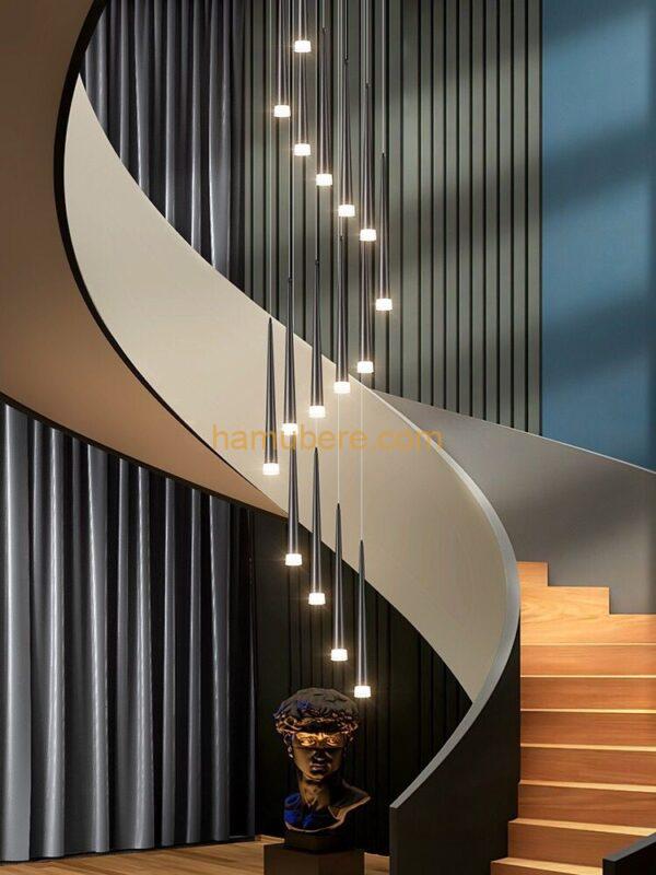 Modern Golden Hanging Lamps Villa Indoor Lighting Dining Room Lights High Rise Stair Pendant Lamps Simple Conical Tube LED Lamps