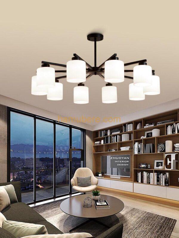 Black Modern Chandelier with White Glass Downshade and Adjustable Hanging Length