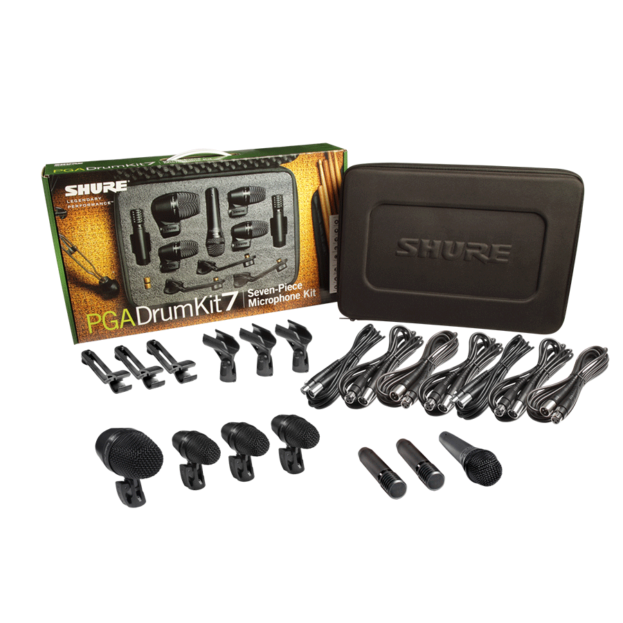 PGADRUMKIT7 Package of professional quality microphones, designed to provide excellent sound for full drum kit performance and recording. Included in the PGADRUMKIT7 are one PGA52 kick drum microphone, three PGA56 drum microphones, one PGA57 instrument mi