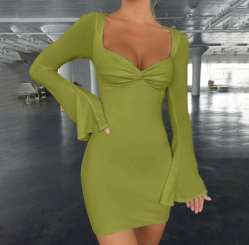 Low Cut Flare Sleeve Bandage Bodycon Mini Dress for Spring and Autumn