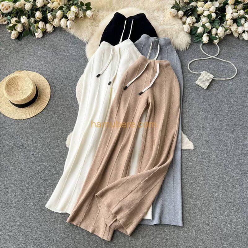 Women Knitted Drape Mopping Trousers Solid Color Straight-Leg Pants Casual Wide-Leg Knit Casual Pants