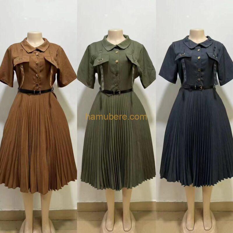 Elegant Single Breasted Women Pleated Dresses Shortl Sleeve Slim Waist A-line Dresses Casual Female Long Vestidos 2024