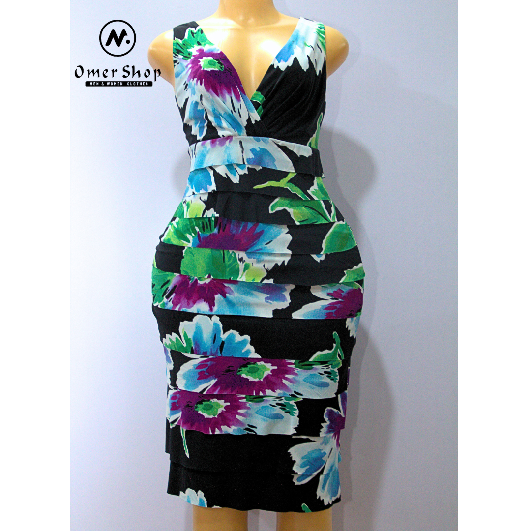 a colored striped sleeveless dress with a flared hemline