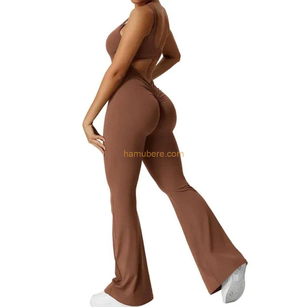 Women Flare Jumpsuit Tummy Control Sleeveless Backless V Back Waist Scrunch Butt Lift Yoga Jumpsuit