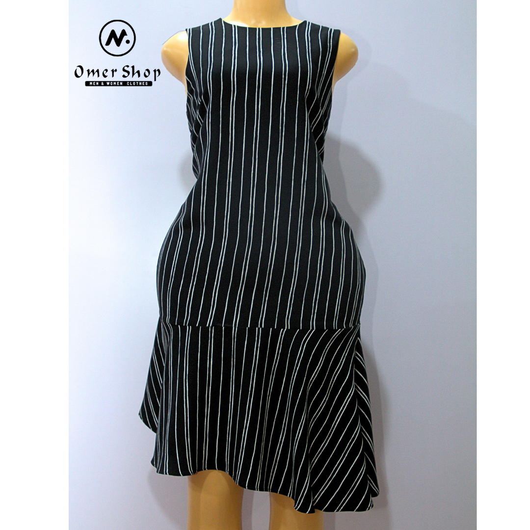 a black and white striped sleeveless dress with a flared hemline