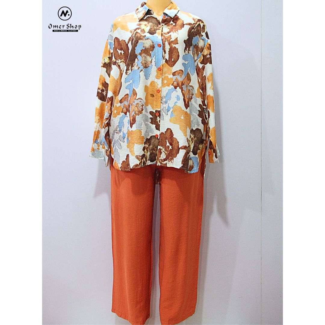 SHEIN Privé Plus Marble Print Shirt & Wide Leg Pants