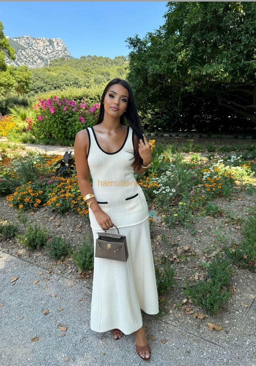 Women’s Natural Round-Neck Contrast-Trim Stretch-Knit Midi Dress