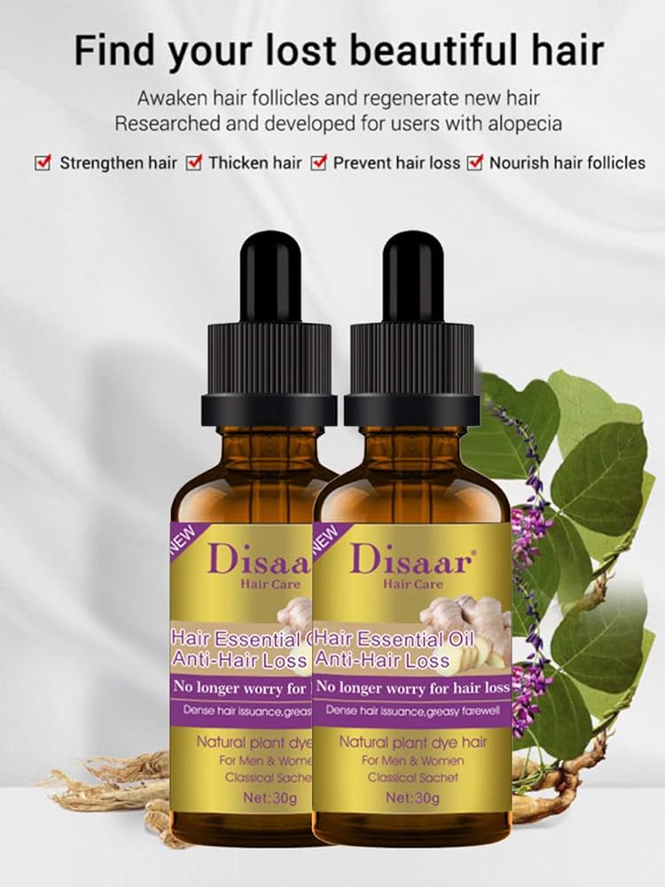 Disaar Hair Care Hair Essential Oil Anti-Hair Loss 40ML Brand Name	Disaar Scent	Unscented Item Form	Oil Hair Type	Hair Oil Unit Count	40.0 millilitre Manufacturer	Disaar