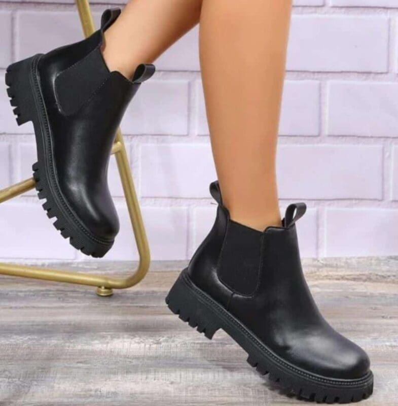 Temu Solid Faux Leather Round Toe Black Chelsea Boots Women’s Platform Heel Thick Ankle Boots