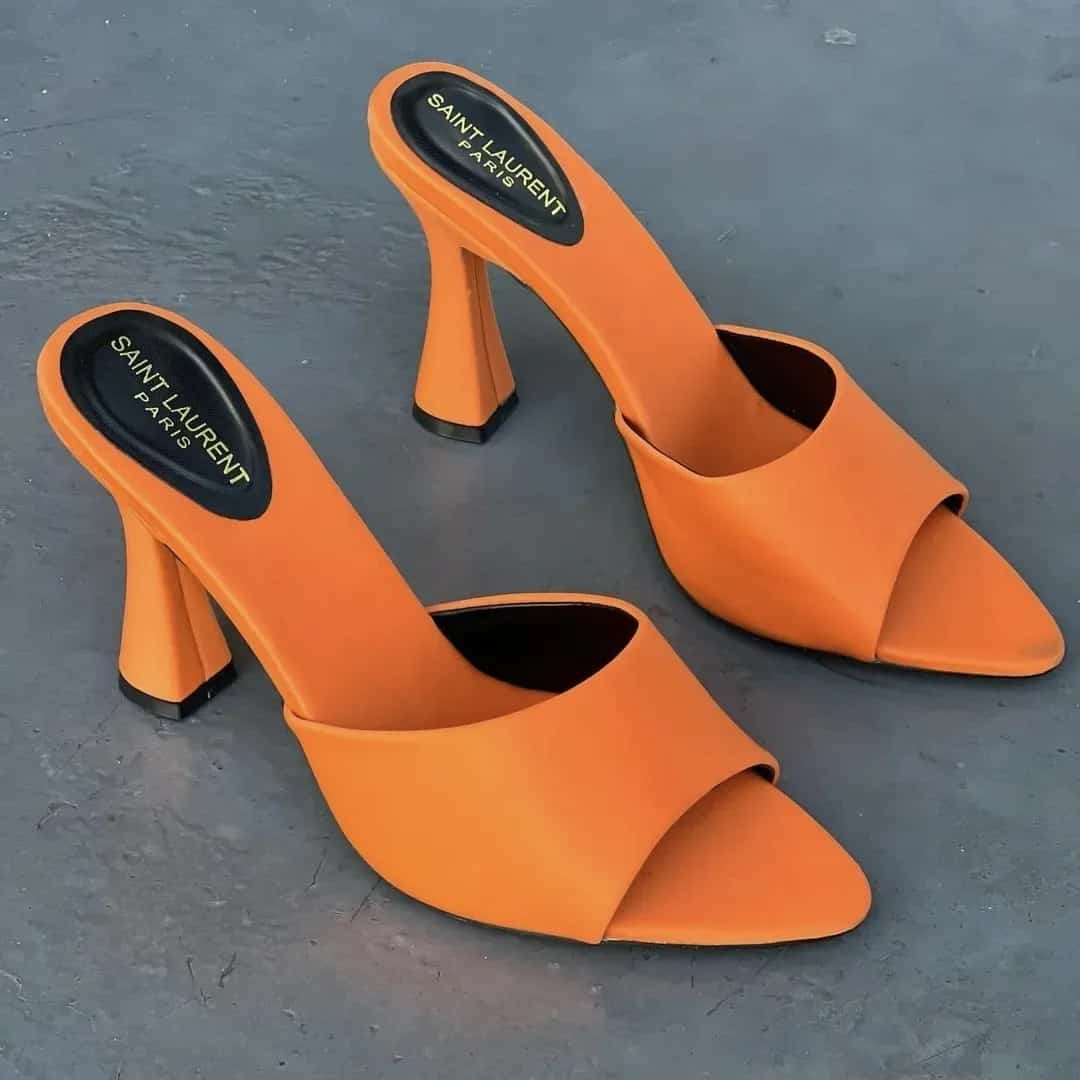 Funky Outdoors Orange High Heel Sandals For Women, Single Band Glass PVC Open Toe Pyramid Heeled Mule Sandals