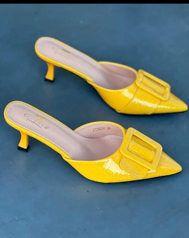 2023 New Style Summer Slides Women 6cm Low High Heels Mules Shales Casual Yellow Kitten Heels Slippers Sexy Buckle Glossy Shoes