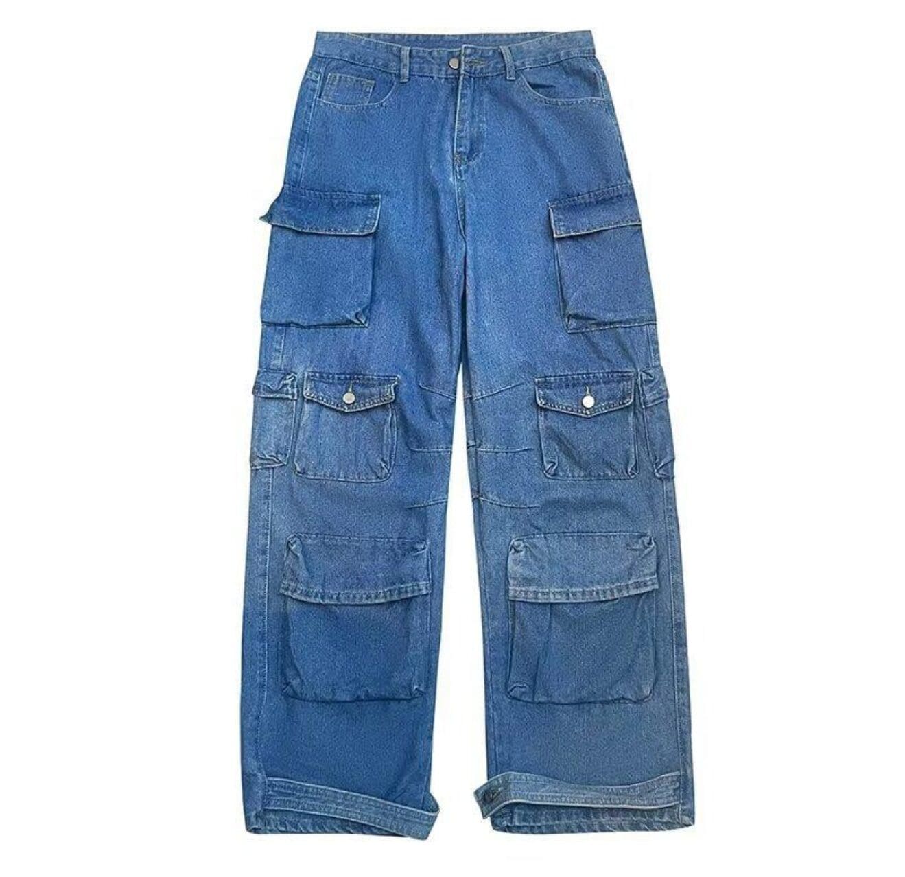Oversized Denim Long Cargo Multi Pocket Pants