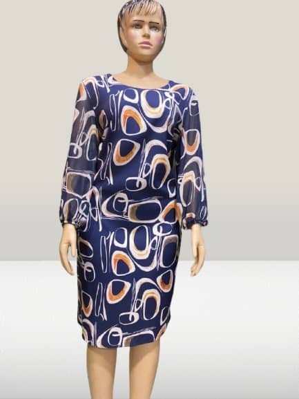 Plus Size Geometric Print Fashion O-Neck Patchwork Pockets Three Quarter Sleeve Knee-Length Dress Spring Autumn Female Clothing