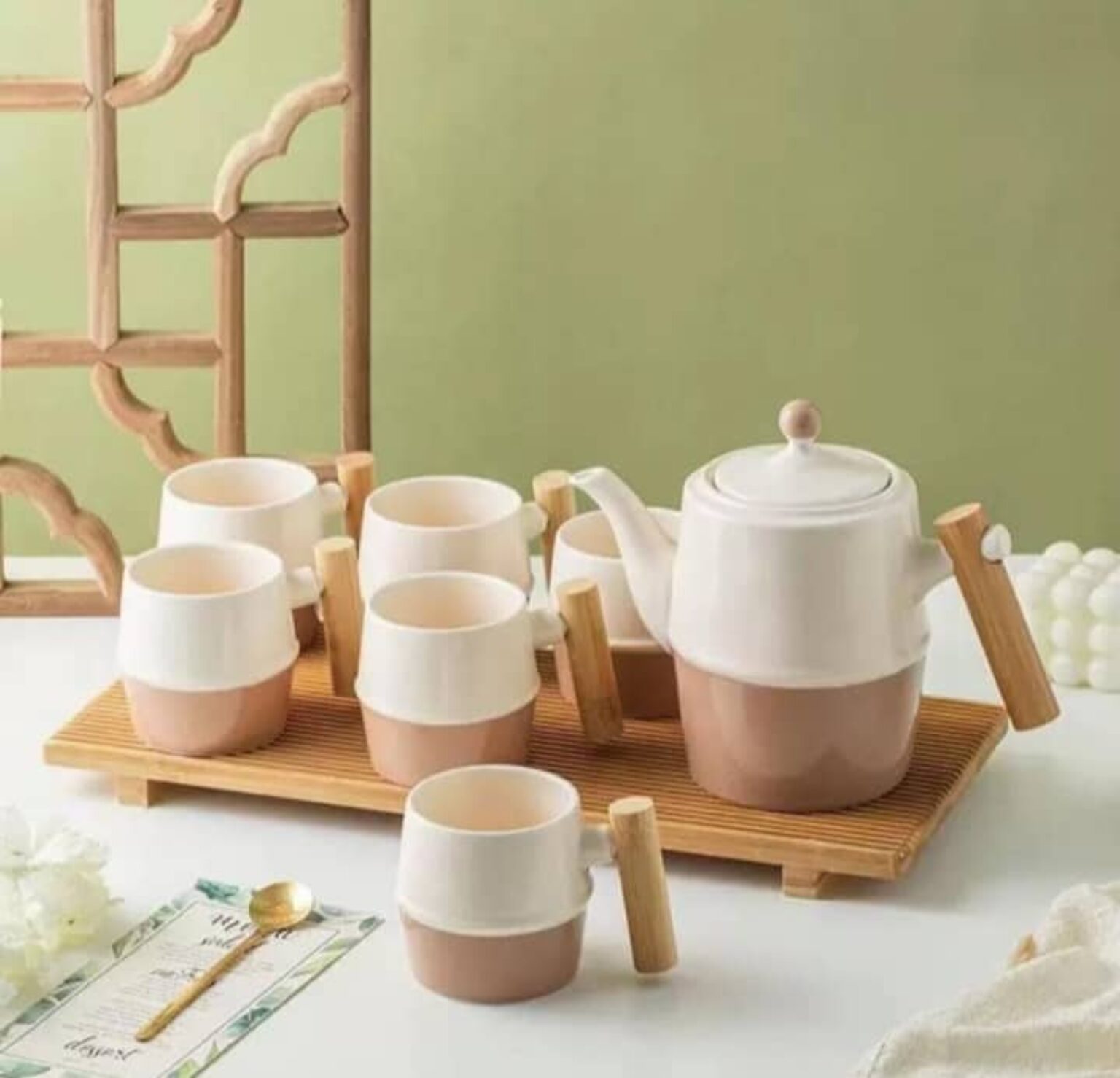 Elegant Premium Coffee Set with Six Cups and Wooden Tray