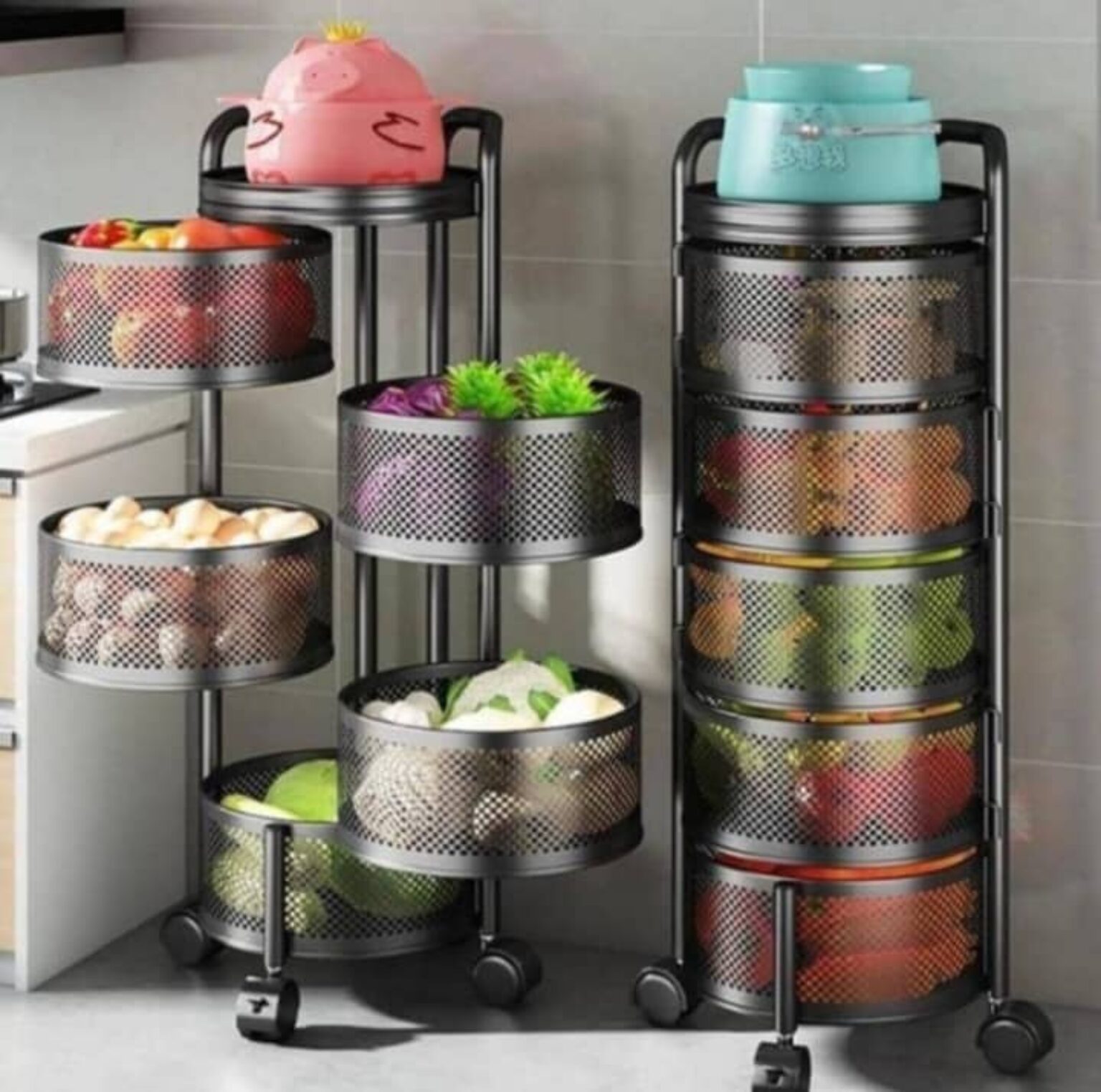 5 Tier Metal Shelf with Swing Basket Cylindrical Rolling Trolley with Wheels