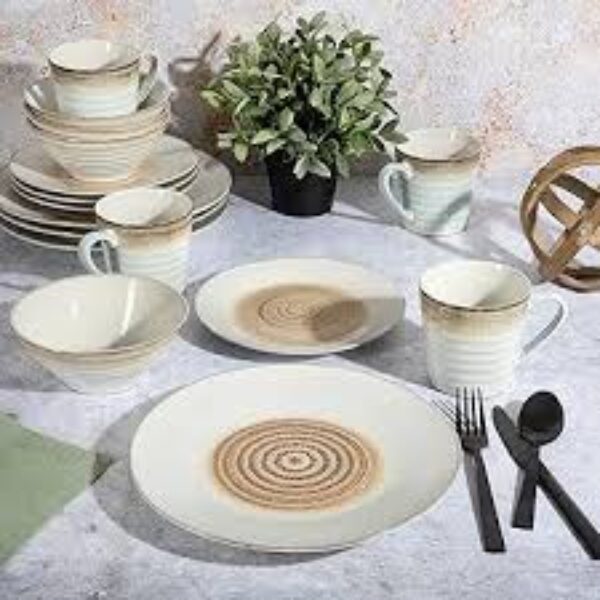16 Piece Spiral Dinnerware Set with Reactive Embossing Taupe.