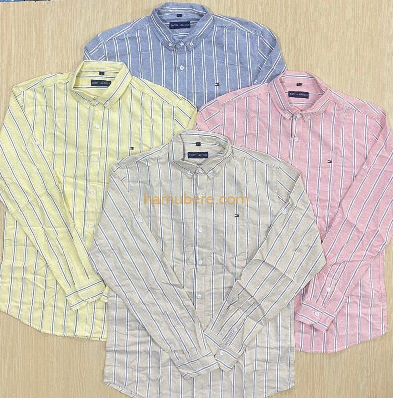 Tommy Men Peach Slim Fit Grid Striped Dobby Shirt