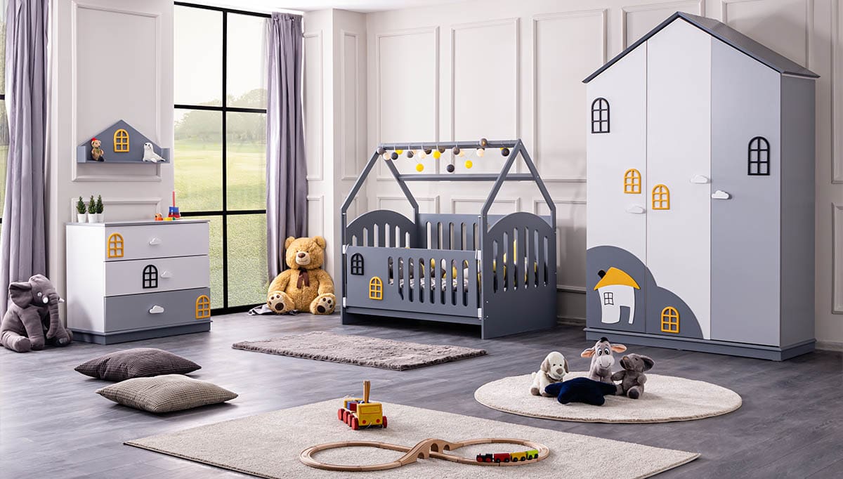 Nova Cloud Pattern Baby Furniture Gray Wooden Baby House Shaped Shaker Bed Children Bed Room Set