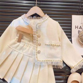 Childrens Sets Spring New Light Luxury Girl Baby Fashion Loose Coat Pleated Skirt Two Pieces 2024 Simple Fashion Sweet