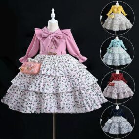 Girls’ Summer Layered Dress – Stylish Floral Princess Design with Puff Sleeves in Shrimp Pink, Green, and Bean Paste, Si