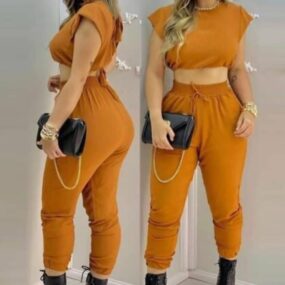Women Tied Back Tassel Design Crop Top & Drawstring Pants Set Women Sport Suit
