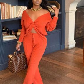 Casual V Neck Long Sleeve 2 Piece Sets