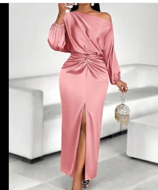 METOES Women's 2025 Summer Casual Long Dresses Long Sleeve Elegant Solid Color One Shoulder Slit Dress