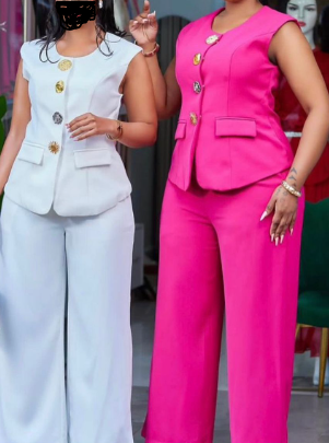 Women 2 Piece Outfits Blazer Suits Set Sleeveless Button Vest Jacket Skinny Pants